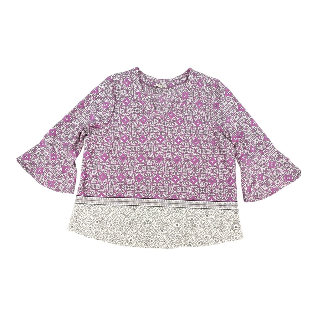 Dana Buchman Womens XL Purple Geometric Bell Sleeve V-Neck Blouse Top Tile Print